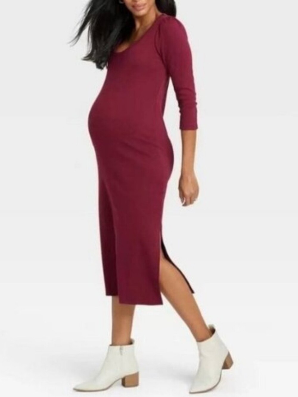 The Nines by HATCH 3/4 Sleeve Ribbed Jersey Maternity Dress Wine Red S